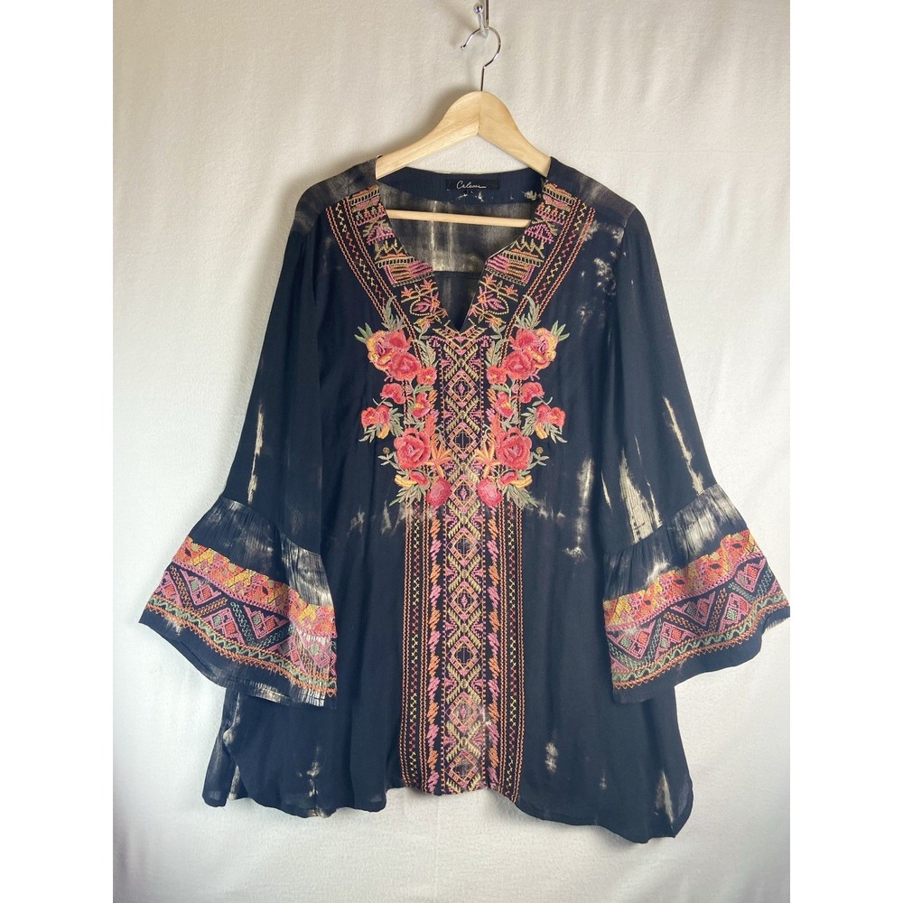 Calessa Boho Floral Embroidered Tunic Top Women L Bell Sleeve Floral Art to Wear